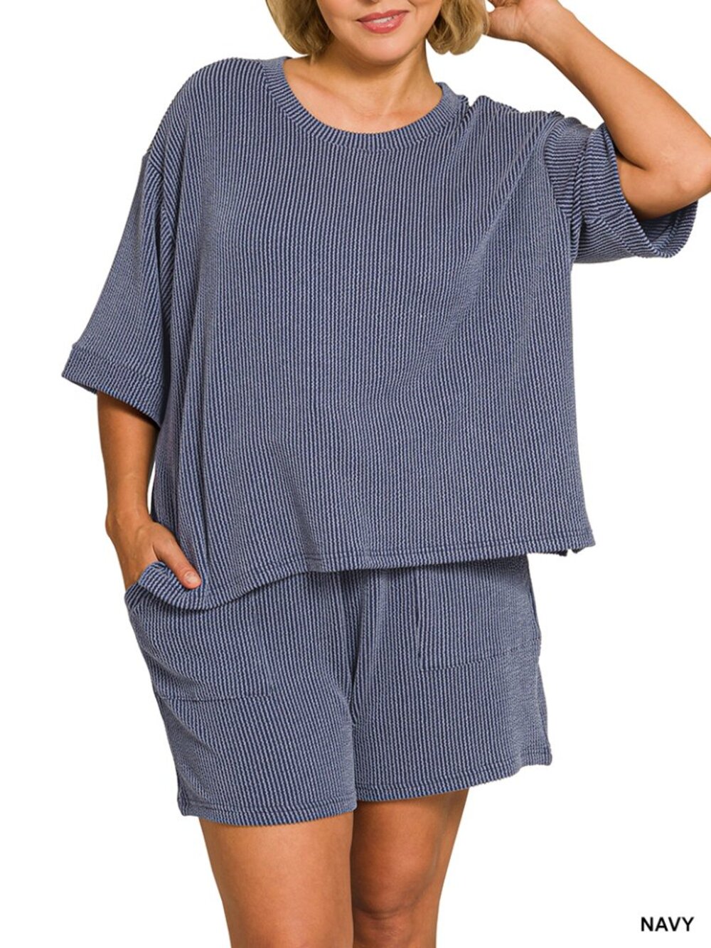 Zenana raised rib tee & short set- Navy